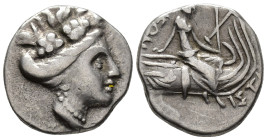 EUBOIA,
Histiaia.
Tetrobol
(AR, 13 mm, 1.95 g)
3rd-2nd century BC.

Head of the nymph Histiaia right, wearing wreath of grape leaves and berries...