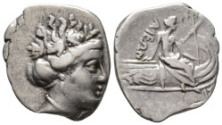 EUBOIA,
Histiaia.
Tetrobol
(AR, 16 mm, 1.82 g)
3rd-2nd century BC.

Head of the nymph Histiaia right, wearing wreath of grape leaves and berries...