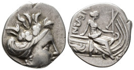 EUBOIA,
Histiaia.
Tetrobol
(AR, 14 mm, 1.50 g)
3rd-2nd century BC.

Head of the nymph Histiaia right, wearing wreath of grape leaves and berries...