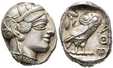 ATTICA,
Athens.
Tetradrachm
(AR, 25 mm, 17.23 g)
c. 440s-430s BC.

Head of Athena right, wearing crested Attic helmet decorated with three olive...