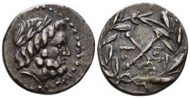 ACHAIA,
Achaian League. Tegea.
Hemidrachm
(AR, 16 mm, 2.31 g)
Early 1st century BC.

Laureate head of Zeus right. / AX monogram; T-E flanking; a...