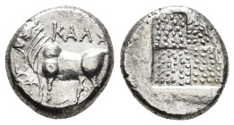 BITHYNIA,
Kalchedon. Rhodian standard.
Drachm
(AR, 14 mm, 3,75 g)
c. 367/6-340 BC.

KAΛX Bull standing left on grain ear, in the left field kery...