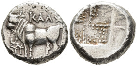 BITHYNIA,
Kalchedon. Rhodian standard.
Drachm
(AR, 15 mm, 3.43 g)
c. 367/6-340 BC.

KAΛX Bull standing left on grain ear, in the left field kery...