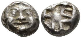 MYSIA,
Parion.
Drachm
(AR, 13 mm, 3.49 g)
5th century BC.

Facing gorgoneion with large ears and protruding tongue. / Irregular pattern within q...