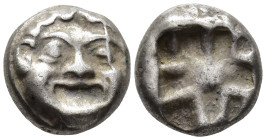 MYSIA,
Parion.
Drachm
(AR, 12 mm, 3.19 g)
5th century BC.

Facing gorgoneion with large ears and protruding tongue. / Irregular pattern within q...