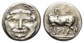 MYSIA,
Parion.
Hemidrachm
(AR, 14 mm, 1.93 g)
4th century BC.

ΠΑ/ΡΙ Bull standing left, head turned back to right. / Gorgoneion facing, surroun...