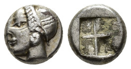IONIA,
Phokaia.
Diobol
(AR, 9 mm, 1.24 g)
c. 521-478 BC.

Female head left, wearing sakkos. / Quadripartite incuse square.
SNG Kayhan 522-6.
S...
