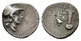 CARIA,
Kaunos. Ktetos, magistrate.
Hemidrachm
(AR, 12 mm, 1.01 g)
c. 166-150 BC.

Head of Athena right, wearing crested Corinthian helmet. / Κ-Α...