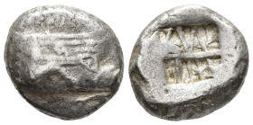 LYCIA,
Phaselis.
Stater
(AR, 20 mm, 10.85 g)
c. 530-500 BC.

Prow of galley right, terminating in forepart of boar. / Incuse square divided by c...