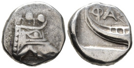 LYCIA,
Phaselis.
Tetrobol
(AR, 15 mm, 3.44 g)
c. 500-440 BC.

Prow of galley right, terminating in forepart of boar. / ΦΑΣ Stern of galley left....