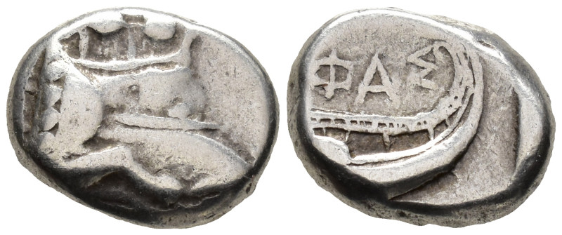 LYCIA,
Phaselis.
Tetrobol
(AR, 14 mm, 3.41 g)
c. 500-440 BC.

Prow of gall...