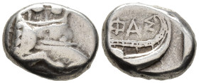 LYCIA,
Phaselis.
Tetrobol
(AR, 14 mm, 3.41 g)
c. 500-440 BC.

Prow of galley right, terminating in forepart of boar. / ΦΑΣ Stern of galley right...