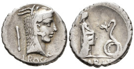 L. Roscius Fabatus (59 BC).
Denarius (Serratus)
(AR, 18 mm, 3.81 g)
Rome.

L ROSCI Head of Juno Sospita right, wearing goat-skin headdress; in le...