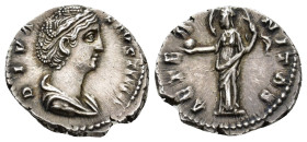 Diva Faustina Senior (died AD 140/1.)
Denarius
(AR, 18 mm, 3.04 g)
AD 141, Rome.

DIVA FAVSTINA Bust of Faustina I right, draped, her hair elabor...