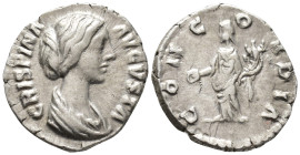Crispina, Augusta, (AD 178-182).
Denarius
(AR, 18 mm, 2.83 g)
AD 178-191, Rome.

CRISPINA AVGVSTA Bust of Crispina right, draped, hair in round c...