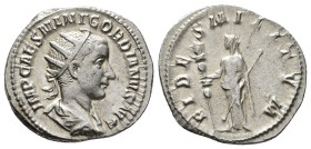 Gordian III (AD 238-244).
Antoninianus
(AR, 22 mm, 3.87 g)
AD 238-239, Rome.

IMP CAES M ANT GORDIANVS AVG Bust of Gordian III right, radiate, dr...