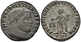 Diocletian (AD 284-305).
Follis
(AE, 26 mm, 8.20 g)
AD 300-303, Ticinum.

IMP C DIOCLETIANVS P F AVG Head of Diocletian right, laureate. / SACRA ...