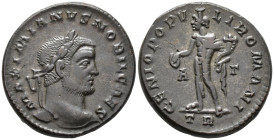 Galerius, Caesar (AD 293-305).
Follis
(AE, 26 mm, 11.38 g)
AD 296-297, Treveri.

MAXIMIANVS NOBIL CAES Head of Galerius right, laureate. / GENIO ...