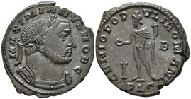 Galerius, Caesar (AD 293-305).
Follis
(AE, 28 mm, 9.10 g)
AD 301-303, Lugdunum.

MAXIMIANVS NOB C Bust of Galerius right, laureate and cuirassed....