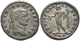 Galerius, Caesar (AD 293-305).
Follis
(AE, 27 mm, 9.30 g)
AD 296, Aquileia.

MAXIMIANVS NOB CAES Head of Galerius right, laureate. / GENIO POPVLI...