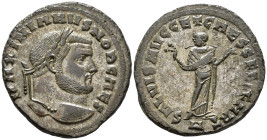 Galerius, Caesar (AD 293-305).
Follis
(AE, 28 mm, 9.92 g)
AD 298-299, Carthage.

MAXIMIANVS NOB CAES Head of Galerius right, laureate. / SALVIS A...