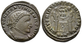 Constantine I (AD 307/310-337).
Follis
(AE, 18 mm, 4.11 g)
AD 319-320, Londinium.

IMP CONSTANTINVS MAX AVG Bust of Constantine I right, helmeted...
