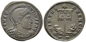 Constantine I (AD 307/310-337).
Follis
(AE, 19 mm, 2.53 g)
AD 319-320, Ticinum.

CONSTANTINVS AVG Bust of Constantine I right, helmeted and cuira...
