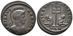 Crispus, Caesar (AD 316-326).
Follis
(AE, 19 mm, 2.74 g)
AD 320-321, Londinium.

CRISPVS NOBIL C Bust of Crispus right, helmeted and cuirassed. /...