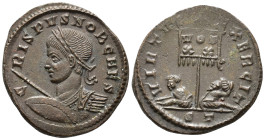 Crispus, Caesar (AD 316-326).
Follis
(AE, 20 mm, 2.95 g)
AD 319-320, Ticinum.

CRISPVS NOB CAES Bust of Crispus left, laureate and cuirassed, hol...