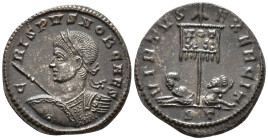 Crispus, Caesar (AD 316-326).
Follis
(AE, 19 mm, 2.93 g)
AD 319-320, Ticinum.

CRISPVS NOB CAES Bust of Crispus left, laureate and cuirassed, hol...