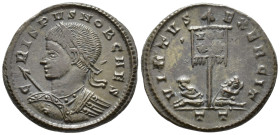 Crispus, Caesar (AD 316-326).
Follis
(AE, 19 mm, 3.28 g)
AD 319-320, Ticinum.

CRISPVS NOB CAES Bust of Crispus left, laureate and cuirassed, hol...