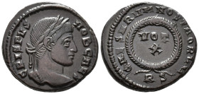Crispus, Caesar (AD 316-326).
Follis
(AE, 18 mm, 3.51 g)
AD 321, Rome.

CRISPVS NOB CAES Head of Crispus right, laureate. / CAESARVM NOSTRORVM La...
