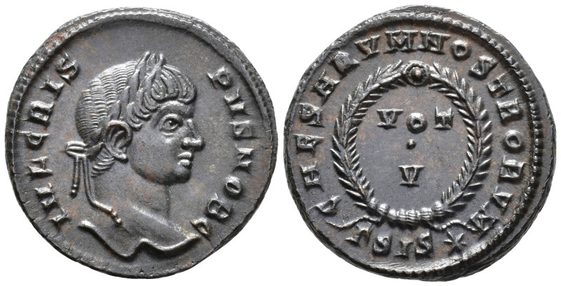 Crispus, Caesar (AD 316-326).
Follis
(AE, 19 mm, 2.97 g)
AD 320-321, Siscia....
