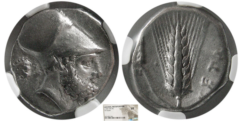 LUCANIA, Metapontum. Circa 340-330 BC. AR Stater. NGC-VF. Head of Leukippos righ...