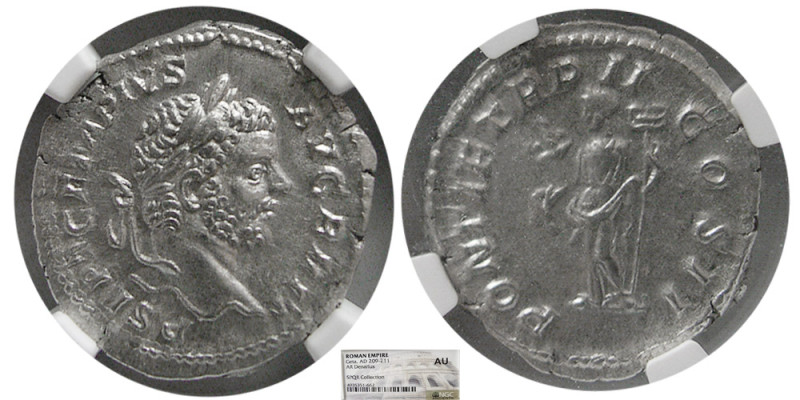 ROMAN EMPIRE; Geta, 209-211 AD. AR Denarius. NGC-AU. Rome, AD 211. P SEPT GETA P...