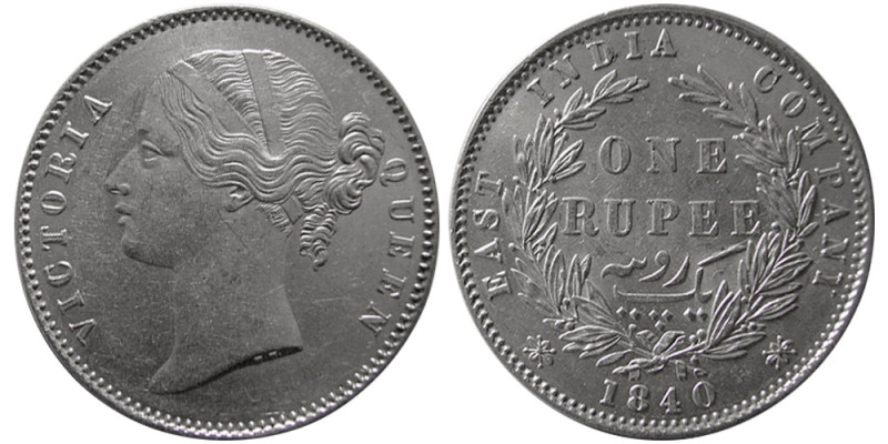 INDIA, Queen Victoria. 1840. East India Company. AR One Rupee (11.64 gm; 30 mm)....