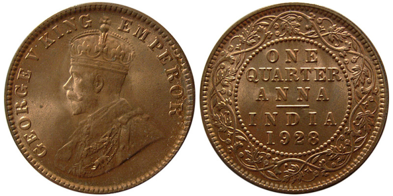 INDIA, George V. King Emperor. 1928, One Quarter Anna (4.79 gm; 25 mm). dated 19...