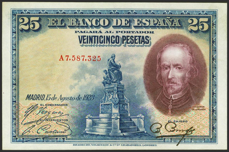 25 Pesetas. 15 de Agosto de 1928. Serie A y numeración hasta 7780000. (Edifil 20...