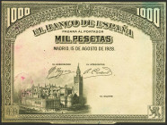 Pruebas de anverso y reverso en negro (adheridas entre sí) y sin margenes del billete de 1000 Pesetas emitido el 15 de Agosto de 1928, sin numeración ...