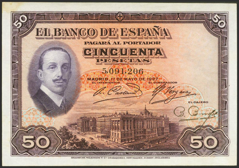 50 Pesetas. 17 de Mayo de 1927. Sin serie y sello en seco GOBIERNO PROVISIONAL D...