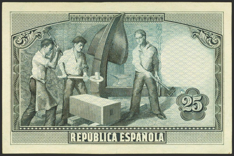 Prueba de reverso de 25 Pesetas de 1938 No emitido. (Edifil 2021: NE28AP). Rara....