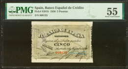 5 Pesetas. 1 de Noviembre de 1936. Sucursal de Santander, antefirma del Banco Español de Crédito. Sin Serie. (Edifil 2021: 375b, Pick: S581b). Muy rar...