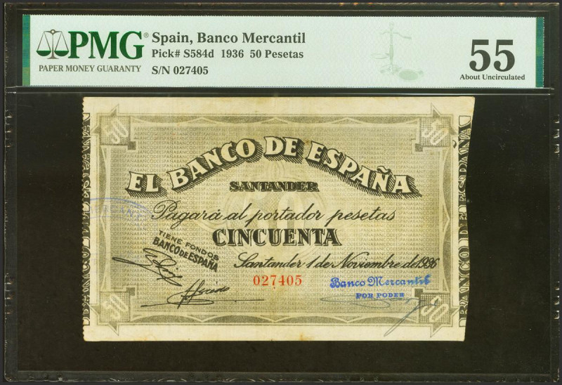50 Pesetas. 1 de Noviembre de 1936. Sucursal de Santander, antefirma del Banco M...