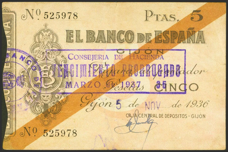 5 Pesetas. 5 de Noviembre de 1936. Sucursal de Gijón. Sin serie. (Edifil 2021: 3...