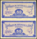 Serie completa incluyendo el 25 Céntimos, 40 Céntimos, 50 Céntimos, 1 Peseta y 2 Pesetas. 1937. Parejas sin guillotinar y sin numeración. Asturias y L...
