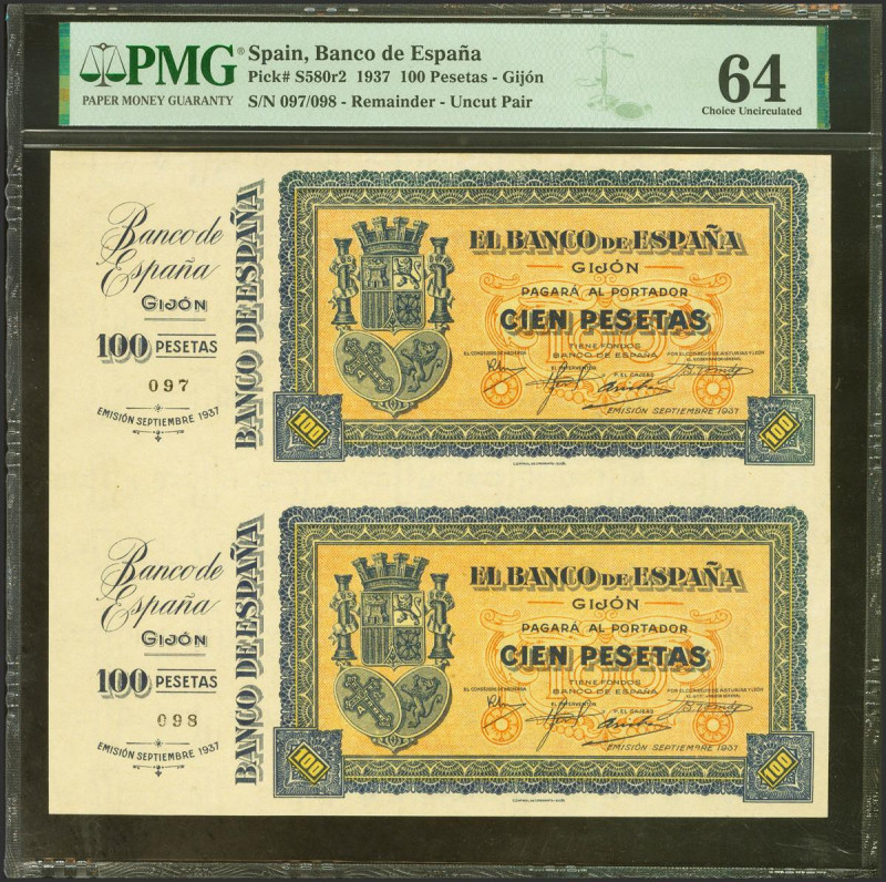 100 Pesetas. Septiembre 1937. Pareja sin guillotinar. Sin serie, con numeración ...