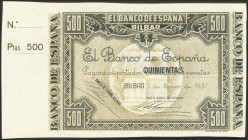 Serie completa de 8 billetes (incluye los no emitidos de 500 y 1000 Pesetas) de la emisión del 1 de Enero de 1937 del Banco de España de Bilbao, sin n...