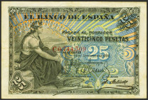 25 Pesetas. 24 de Septiembre de 1906. Serie C y con el sello ESTADO ESPAÑOL / BURGOS. (Edifil 2021: 400). MBC.