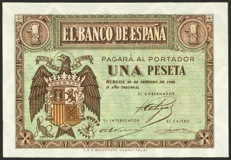 1 Peseta. 28 de Febrero de 1938. Serie B. (Edifil 2021: 427a, Pick: 107a). Apres...