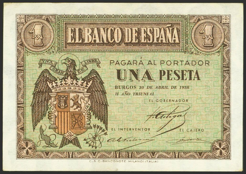 1 Peseta. 30 de Abril de 1938. Serie D. (Edifil 2021: 428a, Pick: 108a). Apresto...